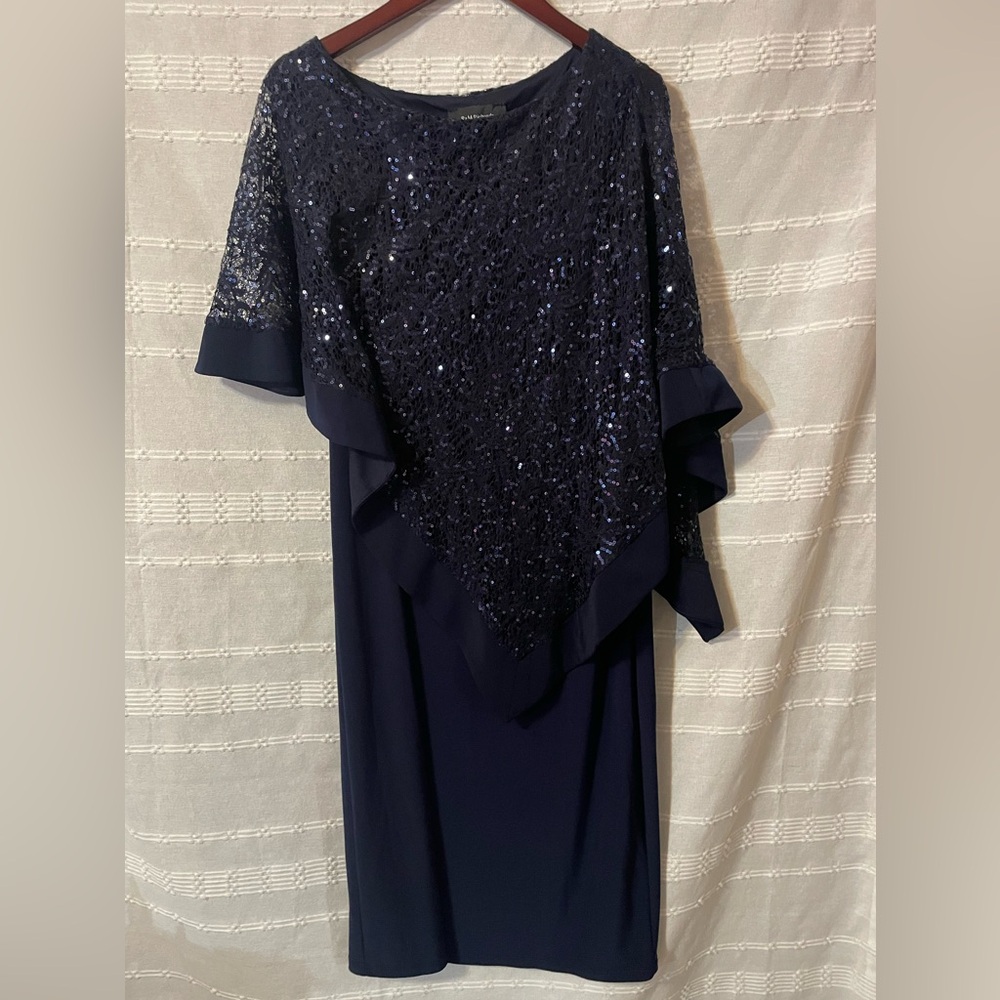 R &M Richards Blue Sequine Cape Short Mother Of Bride Dress